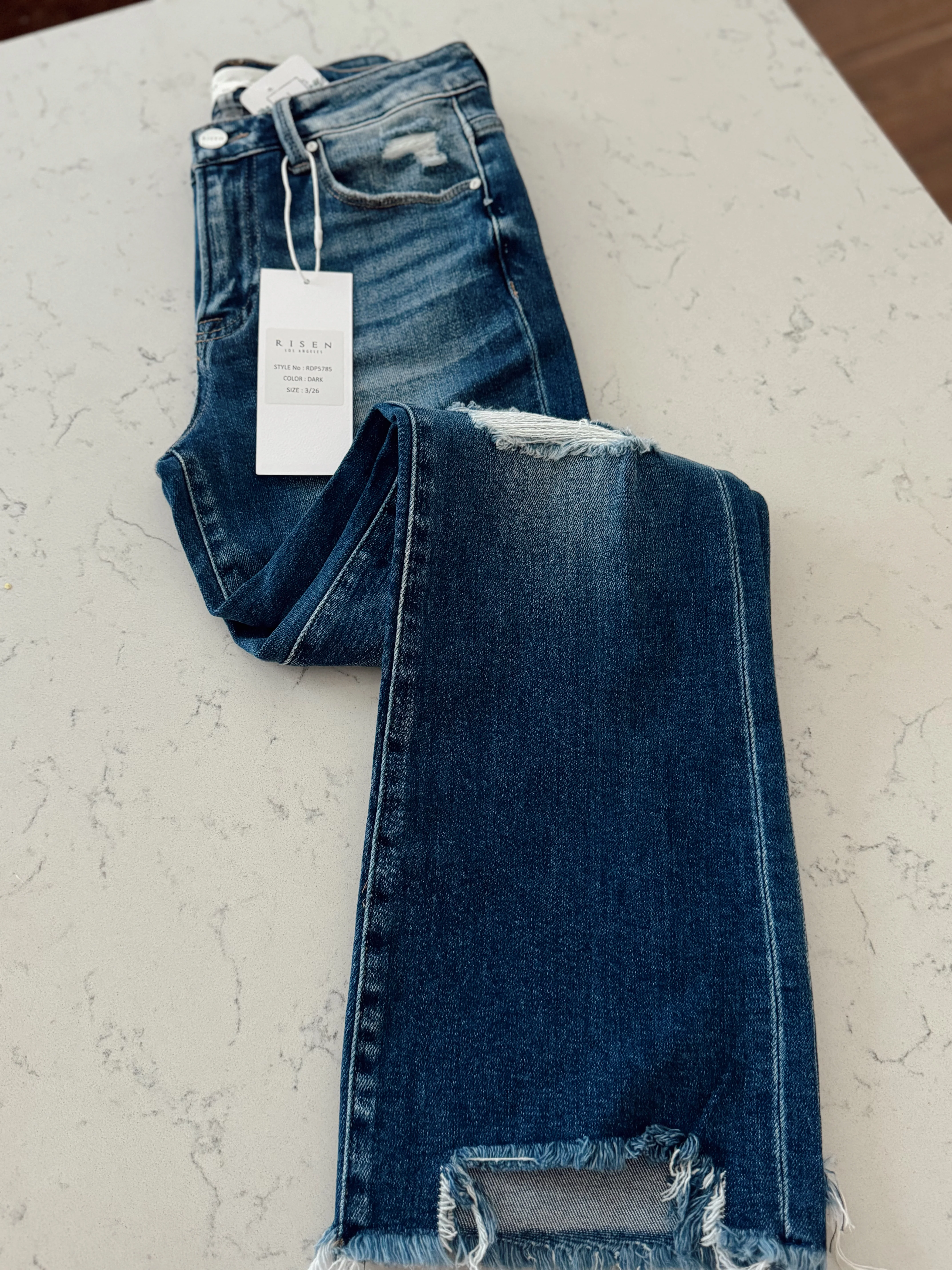 Risen Dark MR Ankle Straight Fray Hem Denim - Image 3